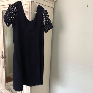 Navy dress with lace sleeves